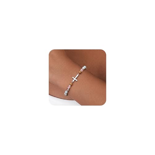 Dochais Bracelet Perles Femme Pierre Naturelle Bracelet Croix Acier Inoxydable Adjustable Bracelets...