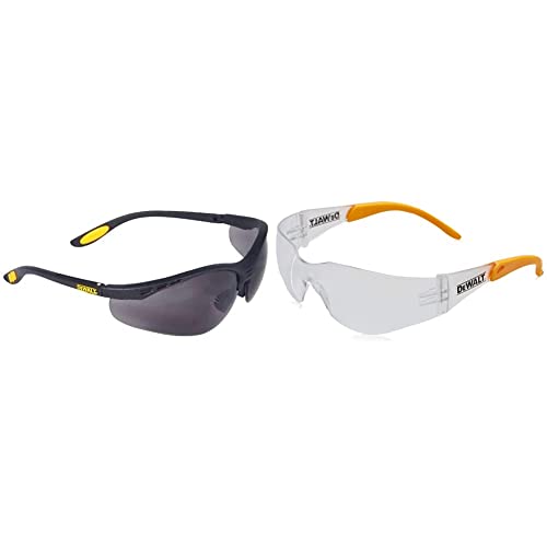 DEWALT Reinforcer Smoke Ploycarbon Safety Glasses - Black/Smoke, One Size & DPG54-1D PROTECTOR Clear High Performance Lightweight Protective Safety Glasses With Wraparound Frame -Yellow/Clear
