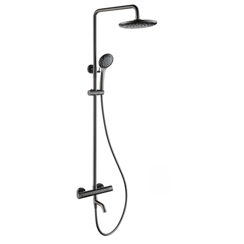 Juego de Ducha de Pared (termostático, Grifo de Ducha de baño de latón, Altura Ajustable, Ducha de Mano de 3 chorros, Efecto Lluvia, Cascada, con Acabado en Acero Inoxidable de 59') (Gris plo