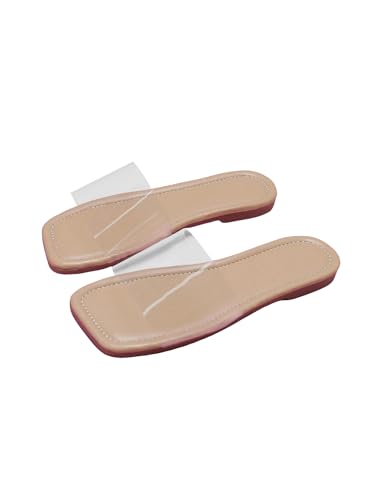GORGLITTER Girl's Clear Sandals Dressy Flat Sandals PU Leather Open Toe Slip On Slide Sandals Beige Clear 3.5