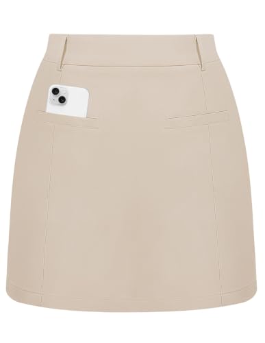 Women Fall Mini Pencil Skirt with Shorts, Khaki High Waisted Skorts Pockets