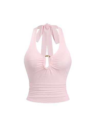 WDIRARA Women's Cut Out Sleeveless Halter Top Deep V Neck Tie Backless Going Out Tank Tops