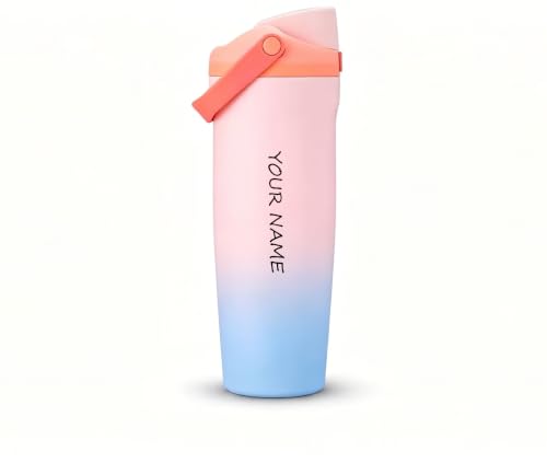 Image of Personalised with Your Name, 1200ml Tumbler with Straw - Handle - Stainless Steel Double Wall Insulated Cup | Leakproof Sipper Mug for Hot - Cold Drinks | Coffee - Water Tumbler (OWLA PINK BLUE)