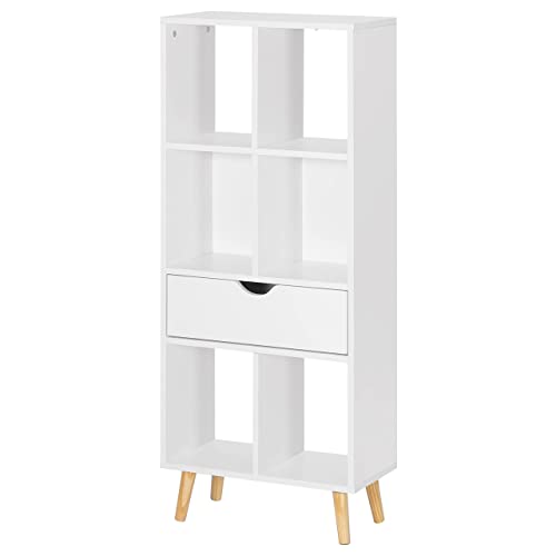 EUGAD Bibliothèque Étagère de Bureau de Rangement Étagère Debout avec tiroir et 6 Compartiments,matériau en Aggloméré et Bois pin,Blanc 50x24x121cm, 0012SHG