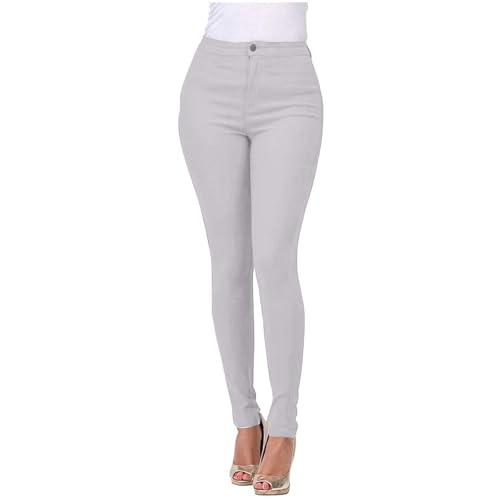 Jeggings for Women UK High Waist Tummy Control Denim Jeans, Ladies Pull-On Skinny Pencil Pants Distressed Stretch Trousers Slim Fit Butt Lifting Loungewear Gray S