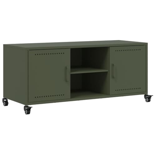 Homgoday Mueble TV verde oliva 100,5 x 39 x 43,5 cm de acero, mesa para TV, mueble para TV salón, mueble bajo para TV de salón industrial soporte TV modelo 846666