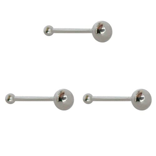 DENI 3 Pendientes Nariz Palo Corto con Bola pequeña al Final y con Bola de 2mm de Plata, Finos con Grosor 0,6mm