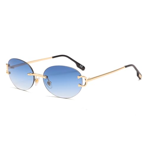 VFDHN Retro Frameless Oval Sunglasses Women Men Vintage Blue Rimless