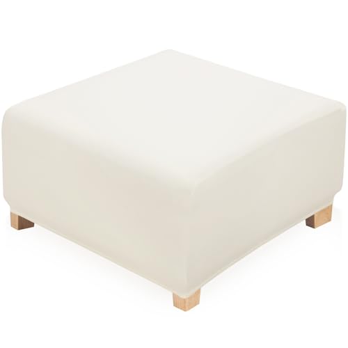 Image of YISUN Super Stretch Square Ottoman Cover - Soft Form Fit Ottoman Slipcover for Foot Stool & Folding Storage, Washable Furniture Protector with Non-Slip Elastic Bottom (M, Beige)