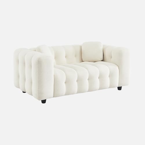 sweeek - Canapé 2 Places en Bouclette texturée capitonné. crème. Structure Bois d'eucalyptus et contreplaqué