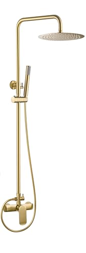 VALAZ Colonne de Douche | Mitigeur Monocommande Douche, Mélangeur Eau Froide et Chaude, Économie d'Eau | Installation Facile, Inoxydable | Longueur 80-120 cm, Pommeau 20 cm, Or Mat, Série Turia