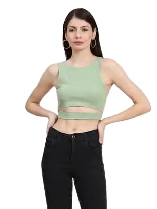 Superstore BeOne Women's Pastel Green Lycra Solid Cut Out Crop Top (S)