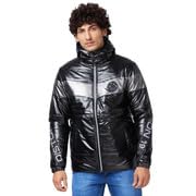 Image of Spykar Men's Standard Length Midnight Nylon Straight Fit Full Sleeve Plain Hooded Puffer Jacket