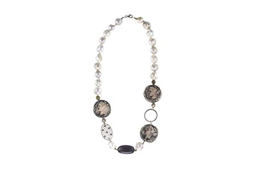  Collana donna moneta greca e perle scaramazze. Gioielli in ceramica dipinta a mano. Made in Italy.