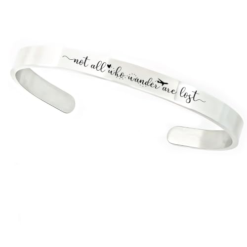 SM Design Wanderlust Bracelet Travel Lover Gift Flight Attendant Pilot Jewelry Silver Cuff Stainless Steel Engraved Not all who Wander are Lost For Her Womens LIFE-CUFF (Travel)