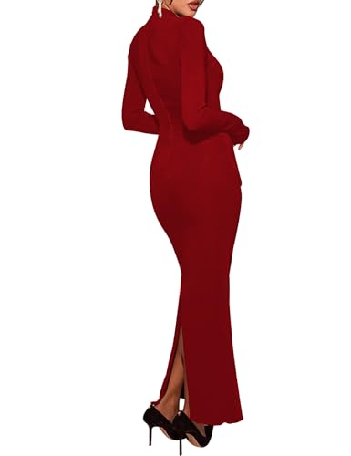 Women's Sexy Mock Neck Back Slit Long Sleeve Bodycon Maxi Dress Elegant Flared Sleeve Prom Dress4