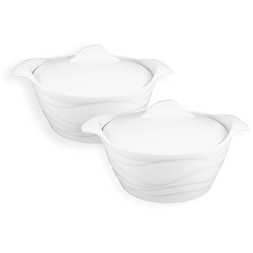 JINSONGDAFA Casserole Dish 31.8 ounce French White Ceramic Bakeware Set with Lids, Chip and Crack Resistant Stoneware Baking Dish, Microwave, Dishwasher, Oven, Freezer and Fridge Safe (8.7 Inch)