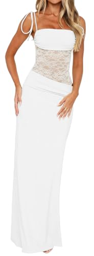 Image of Women's Lace Splicing Cutout Maxi Dress Square Neck Sleeveless Bodycon Long Dress with Sheer Corset
