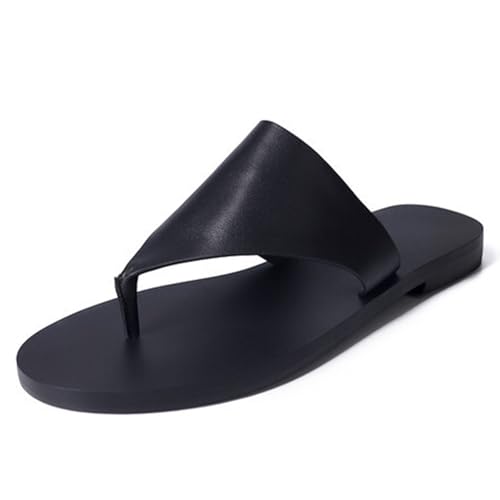 Womens Leather T-Strap Slip On Flat Flip Flops Comfortable Round Toe Non Slip Sole Flat Thong Sandals For Beach Daily Casual Vacation Summer Pool