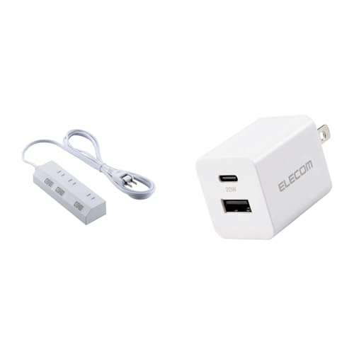 【USB充電器セット】 エレコム 電源タップ マグネット付き スイッチ付き 2m 3個口 ほこりシャッター 雷ガード ホワイト ECT-35M20WH + 充電器 2ポート Type-C(USB-C) + USB-A USB PD対応 20W ホワイト EC-AC22WHの商品画像（Amazon）