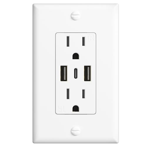 1 Pack USB Outlet, 3-Port Type C 3.6A 18W Wall Outlet, 15 Amp Receptacle, Charging Power Outlet with USB Ports, Compatible with iPhone 16 Series & More