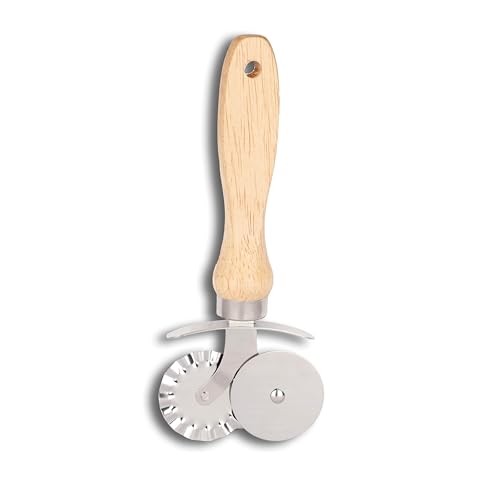 Image of Kreshu 2 in 1 Stainless Steel Double Tip Wheel Pizza Cutter with Wooden Handle | Kitchen Tool Accessories for Pizza & Pastry Pasta Spaghetti Ice Cream Cubes Cutting and Sandwich Slicer (Pack of 1)