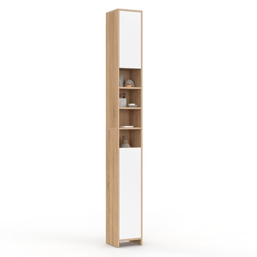 IDMarket TOMI   Mueble columna, cuarto de baño, 2 puertas, 4 nichos de haya y blanco