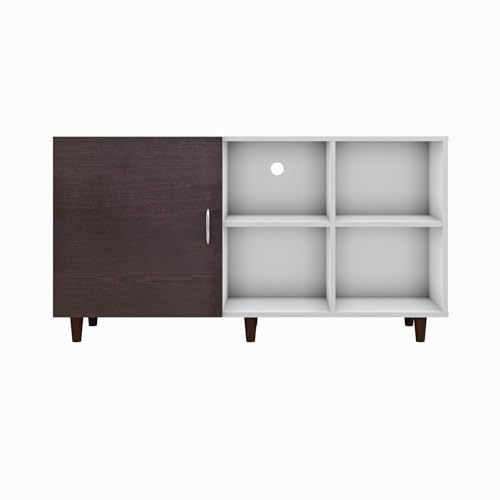Image of VIKI Modern TV Unit for Living Room | Engineered Wood TV Cabinet with 1 Door Storage & 2 Open Shelves, Entertainment Unit, 140W x 74H x 40D cm | DIY | 1 Year Warranty (White & Wenge)