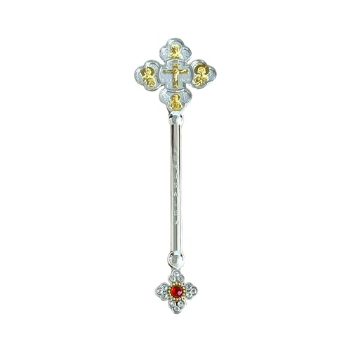 RZRHMUHN 23 cm prawosławny krzyż błogosławieństwa z Jezusem i świętymi, posrebrzany złotem z kryształami, grawerowany jerozolimski prezent religijny