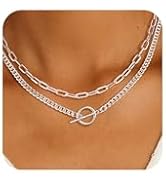 Gold Layered Necklaces for Women, 14K Gold Silver Chunky Chain Necklace Trendy Cuban Link Papercl...