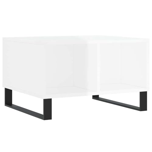 Table basse blanche brillante avec 4 compartiments pour optimiser le rangement des petits salons