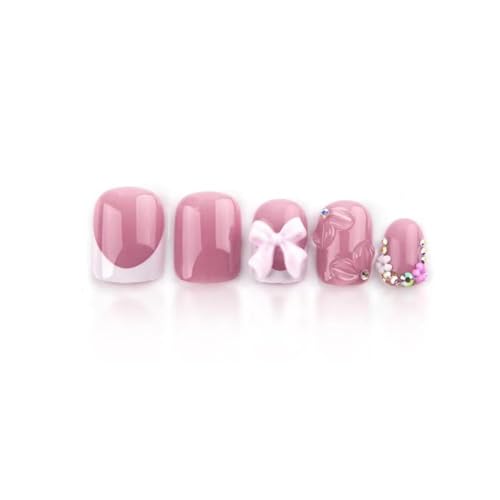 Image of Pink Press on Nails Flower Fake Nails Bow Rhinestone Glue on Nails with 5D Floral Design Short Square Stick on Nails Glossy Reusable Artificial Acrylic Full Cover False Nails for Women Manicure 24Pcs