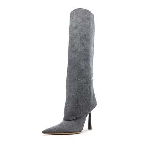 Image of Goolita Fold Over Boots For Women, Pointed Toe Stiletto Heel Knee High Boots Fashion Comfortable Slip On Tall Boots