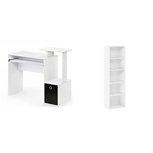 Furinno Econ Multipurpose Home Office Computer Writing Desk, White/Black & Luder Bookcase/Book/Storage, 5-Tier, White #TOP26