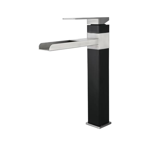 Grifo monomando alto de acero inoxidable cepillado para lavabo, diseño de cascada, diseño moderno de una sola palanca, elegante grifo de baño para lavabos elegantes