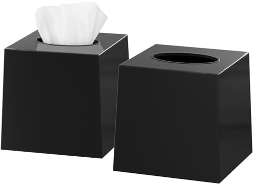 DWËLLZA HOMË Tissue Box Cover Square - Facial Cube Tissue Box Holder Vessel Dispenser for Bathroom Vanity Countertop, Bedroom Dresser, Office Desk or Night Stand Table, 2 Pack - Black
