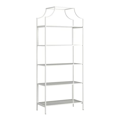 Sauder International Lux Book Shelf 5 Tier Modern Metal Multipurpose Bookcase with Glass Shelving, in White