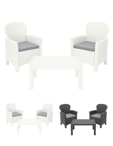 Jardin202 - Conjunto de Muebles de Jardín Ratán Akita | Set Exterior 2 Plazas con Cojines, Sillones y Mesa Auxiliar | Mobiliario Terraza | Blanco