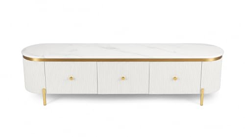 Image of Mazzo White Marble TV Unit Console | 70 inchx15 inchx18 inch | Golden Legs & Charcoal Louvers | Storage Drawers | Modern TV Stand Console Unit White Marble Top with Gold Accents, Storage Drawers