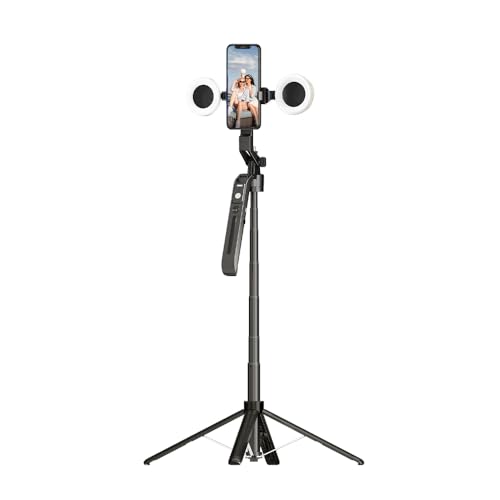 FUNSNAP 70.9" Auto Face Tracking Selfie Stick Tripod for iPhone Android with Lights, No App, 360°Rotation Tripod that Follows Your Movement with Remote Control for Live Streaming, TikTok, YouTube