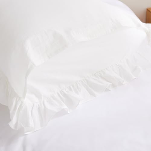 100% Washed Cotton Ruffle Pillowcases Standard Size, 2 Pack 20" X 26" Pillow Shams, No Insert, Ultra Soft Cotton Pillow Cases,Decorative Farmhouse Bedding Pillow Covers, White