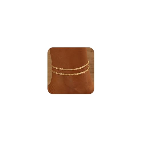 Gold Ankle Bracelets for Women,14k Gold/Silver Plated Waterproof Layered lightweight Cuban Link Figaro Chain Heart anklet Bracelets Set Gold Anklets for women Trendy Jewelry Gift