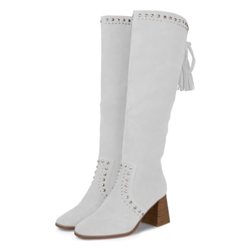 Tang'scuisins Fashion Women Closed Square Toe Knee High Boots Chunky