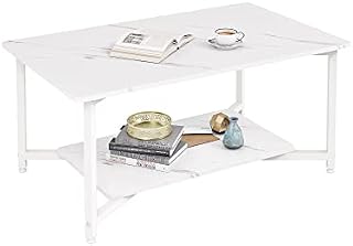 JOISCOPE 2-Tier Coffee Table with Open Shelf for Spacious Storage, Coffee Desk, Industrial-Style for Living Room, Home, Office(White Marble)
