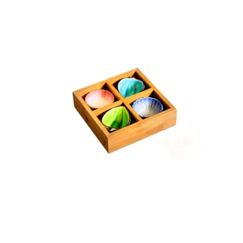 木製 九宮格料理ボックス 和風多格寿司プレート デザート・前菜・お菓子用 竹製仕切り付き寿司皿 盛り付けトレイ 高級料亭・寿司屋向け 食卓用おしゃれ食器 (4穴-小+小皿)