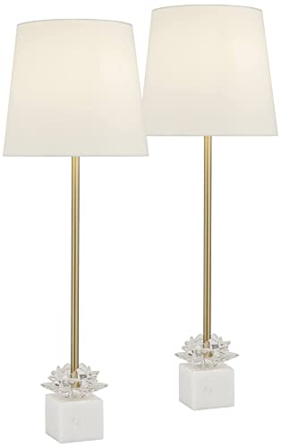 360 Lighting Phoebe Modern Glam Luxury Buffet Table Lamps 28 1/2" Tall Set Of 2 Gold Metal White Tapered Drum Shade Glass Flower Accent Decor For Living Room House Home Dining Entryway #TOP1