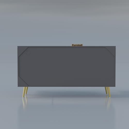 Image of Wooden Sideboard Cabinet for Living Room & Bedroom | Geometric Design Side Board Crockery Cabinet with 3 Doors Storage for Home | HDMR Premium Wood | Golden Metal Legs (Grey)