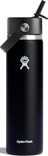 Hydro Flask Water Bottle - Insulated Stainless Steel - Wide Straw Lid, Non Spill, Leakproof in 24 Oz Black