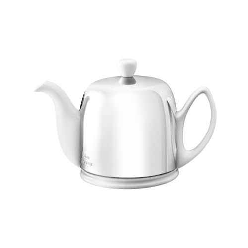 Guy Degrenne Salam Classique Théière 4 Tasses Corps Blanc Cloche Miroir | Théière 4 Tasses (70 Cl) en Porcelaine Blanche, Cloche en Acier Doublée de Feutrine, Résiste aux Chocs et aux Taches