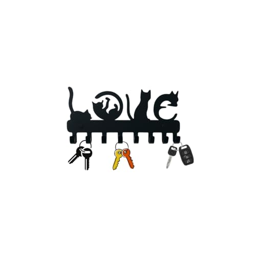 Image of Meet DECOR Metal Love Spelled Cat Design Key Holder with 8 Hooks | Decorative Wall Mounted Key Rack Organizer | Stylish Cat Lover Gift | Key Hanger for Entryway, Hallway, Kitchen, Office